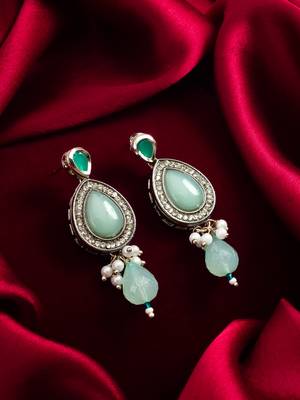 silver finished mint green stone and pearl drop earrings 5