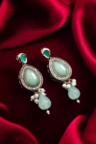 silver finished mint green stone and pearl drop earrings