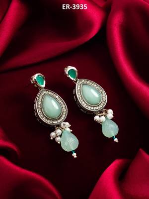 silver finished mint green stone and pearl drop earrings 1