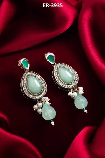 silver finished mint green stone and pearl drop earrings