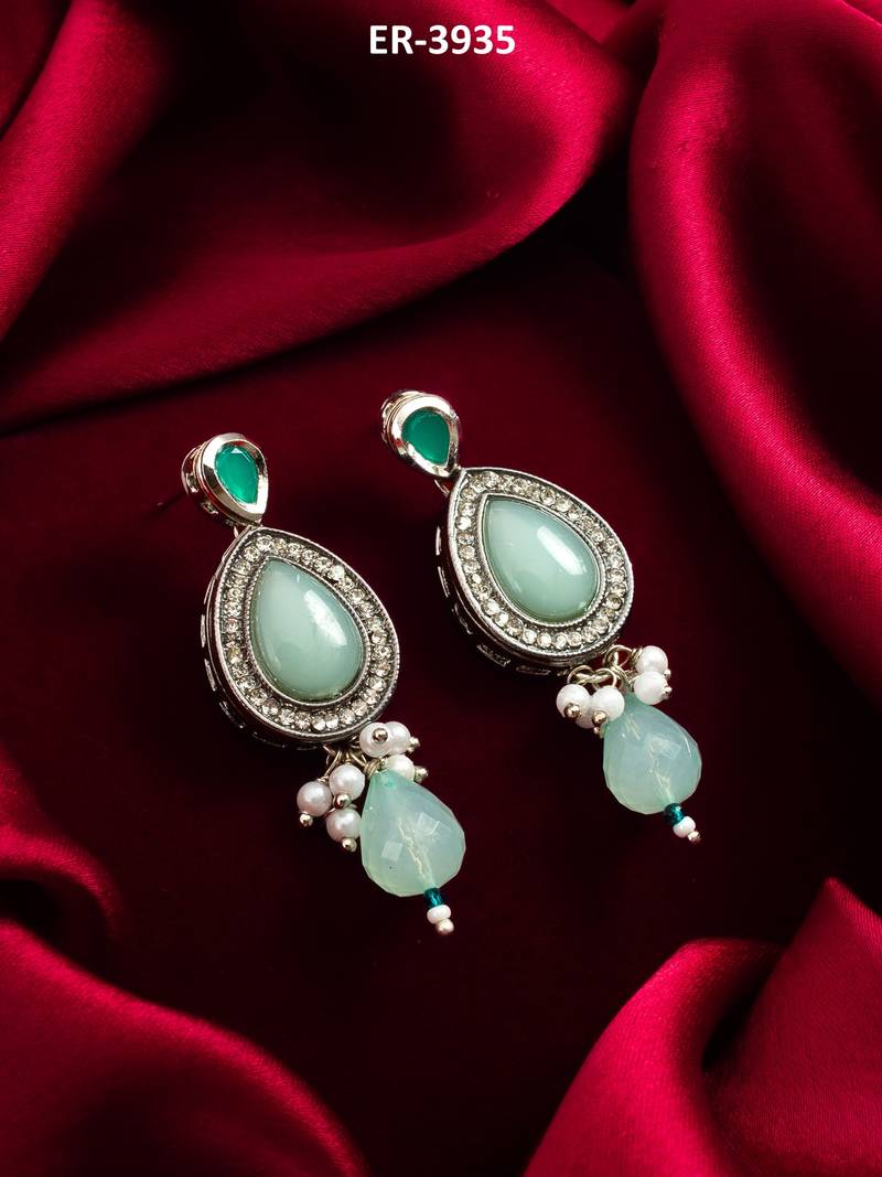 silver finished mint green stone and pearl drop earrings