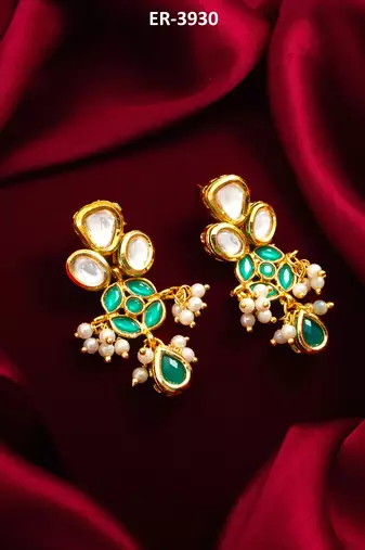 emerald green kundan and pearl drop earrings