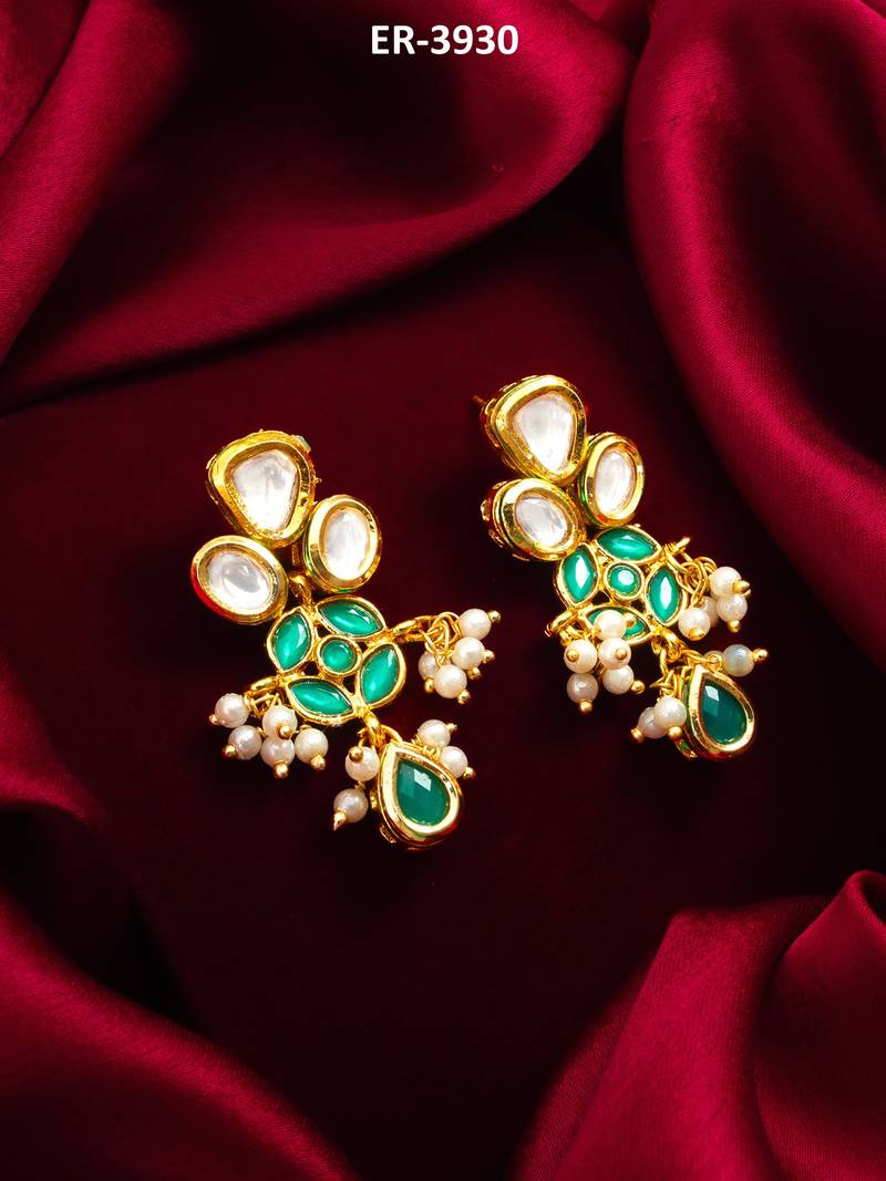 emerald green kundan and pearl drop earrings