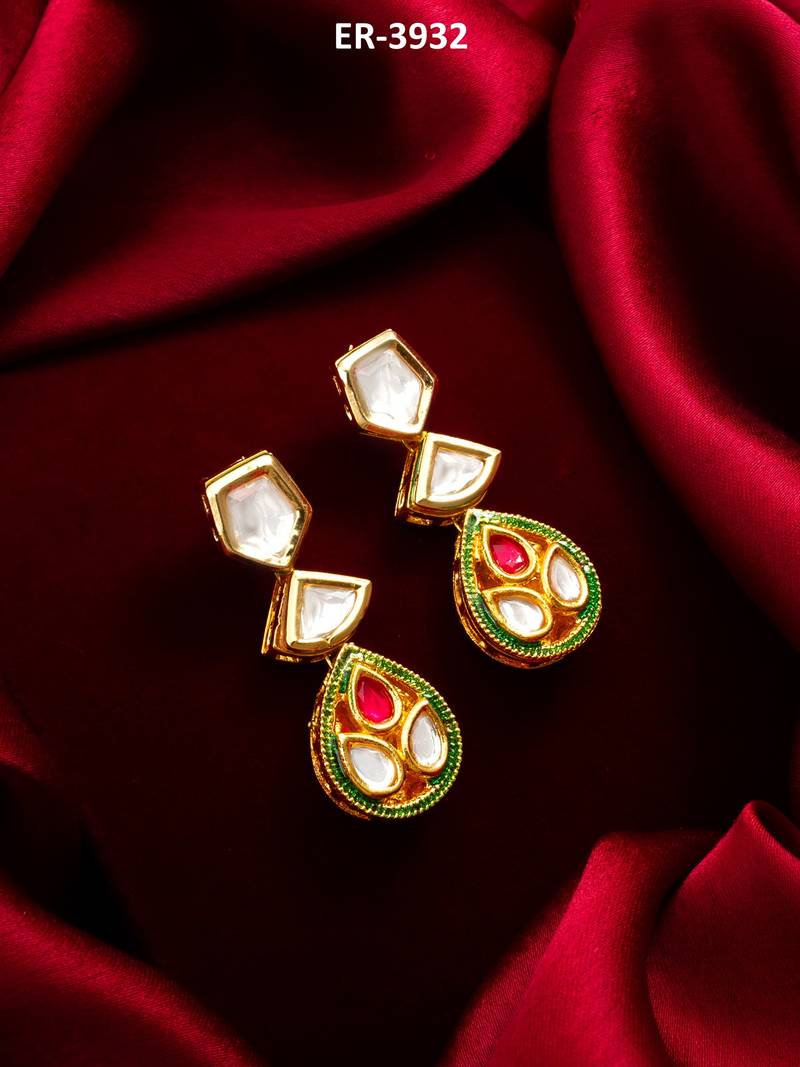 gold plated kundan drop earrings
