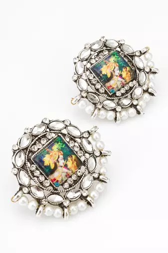 silver toned radha krishna temple work kundan stud earrings