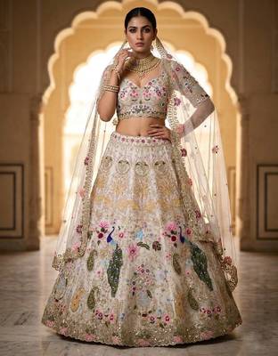 Off white Heavy Organza Silk Embroidered Lehenga Choli Set 1