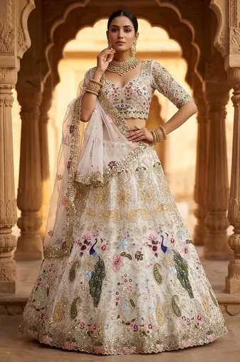 Off white Heavy Organza Silk Embroidered Lehenga Choli Set