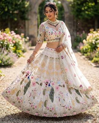 Off white Heavy Organza Silk Embroidered Lehenga Choli Set 3