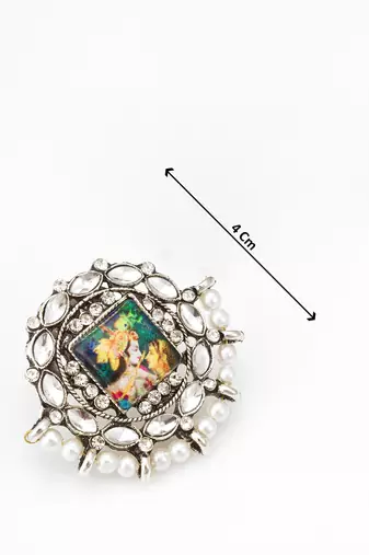 silver toned radha krishna temple work kundan stud earrings