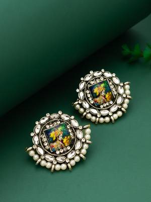 silver toned radha krishna temple work kundan stud earrings 5