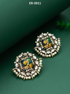 silver toned radha krishna temple work kundan stud earrings 1