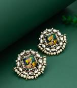 silver toned radha krishna temple work kundan stud earrings