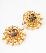 gold plated temple work kundan and pearl stud earrings