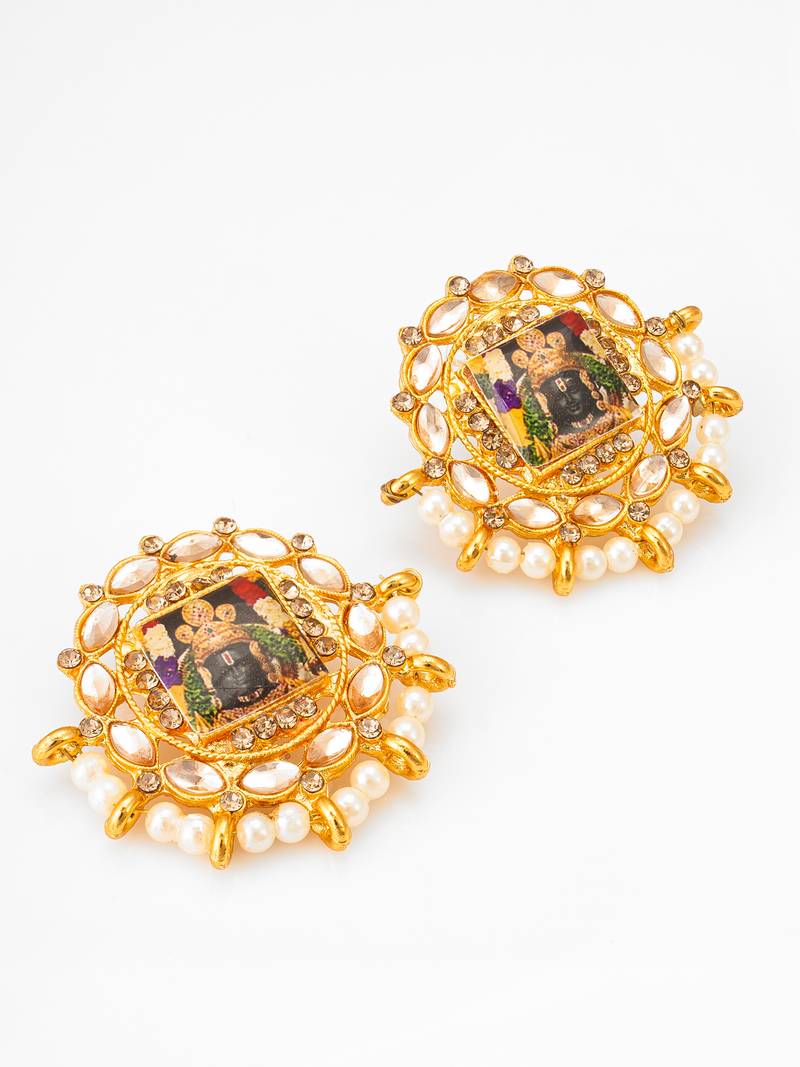 gold plated temple work kundan and pearl stud earrings