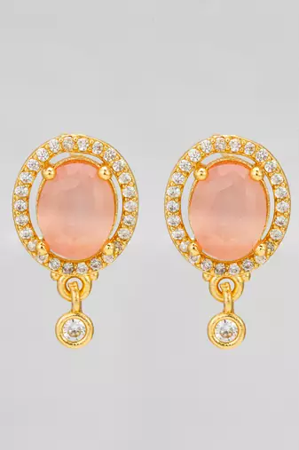 oval pink stone american diamond stud earrings