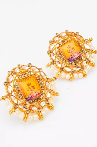 gold plated shree ram temple motif kundan stud earrings