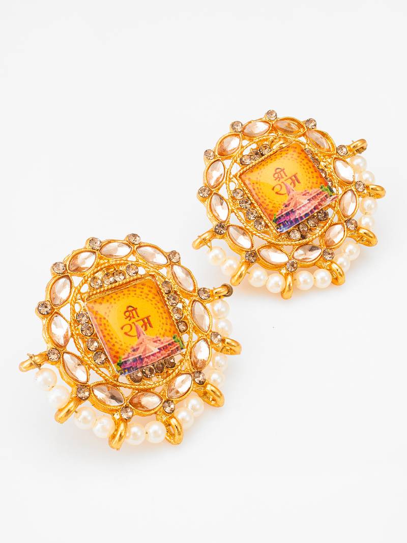 gold plated shree ram temple motif kundan stud earrings