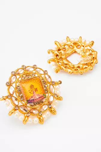 gold plated shree ram temple motif kundan stud earrings
