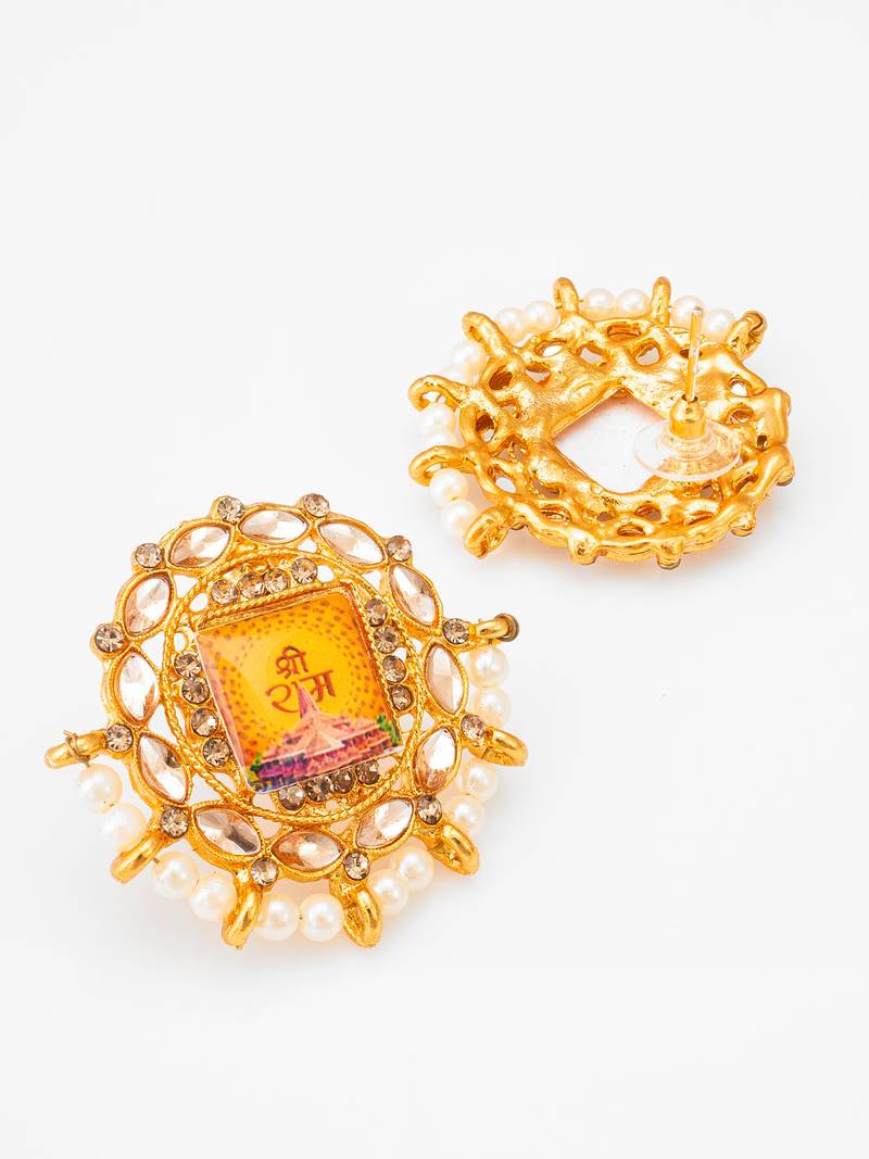 gold plated shree ram temple motif kundan stud earrings