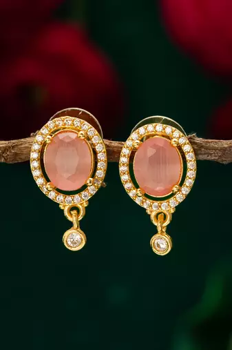 oval pink stone american diamond stud earrings
