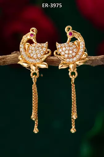 peacock design american diamond chain drop earrings