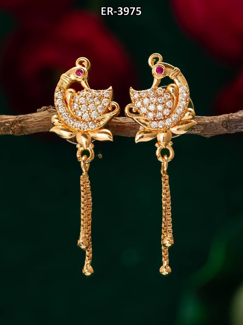 peacock design american diamond chain drop earrings