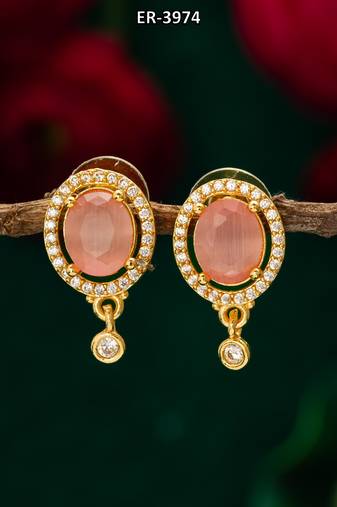 oval pink stone american diamond stud earrings