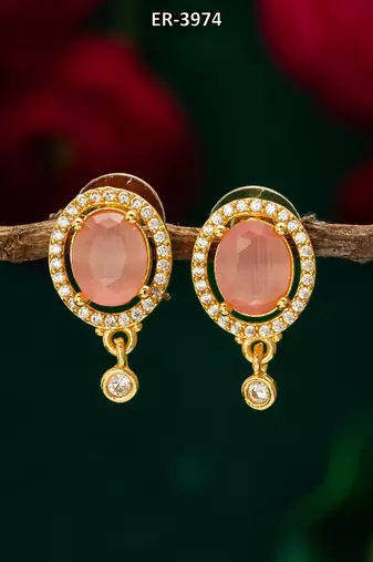 oval pink stone american diamond stud earrings