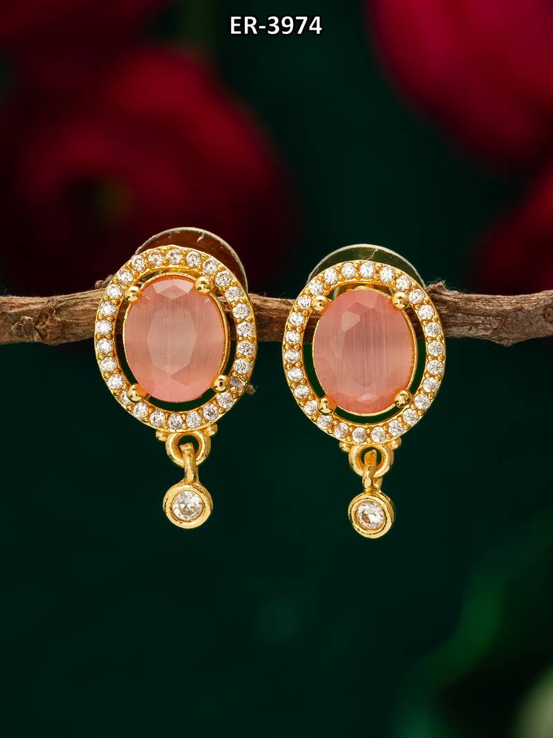 oval pink stone american diamond stud earrings
