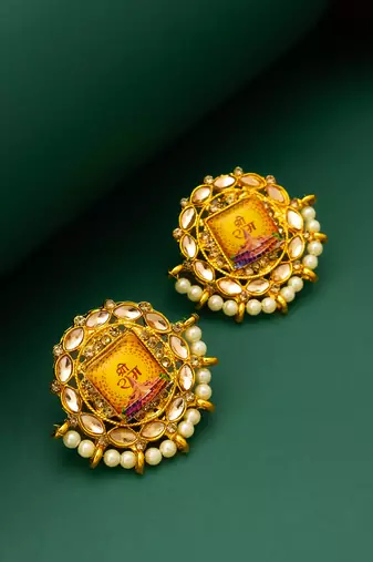 gold plated shree ram temple motif kundan stud earrings
