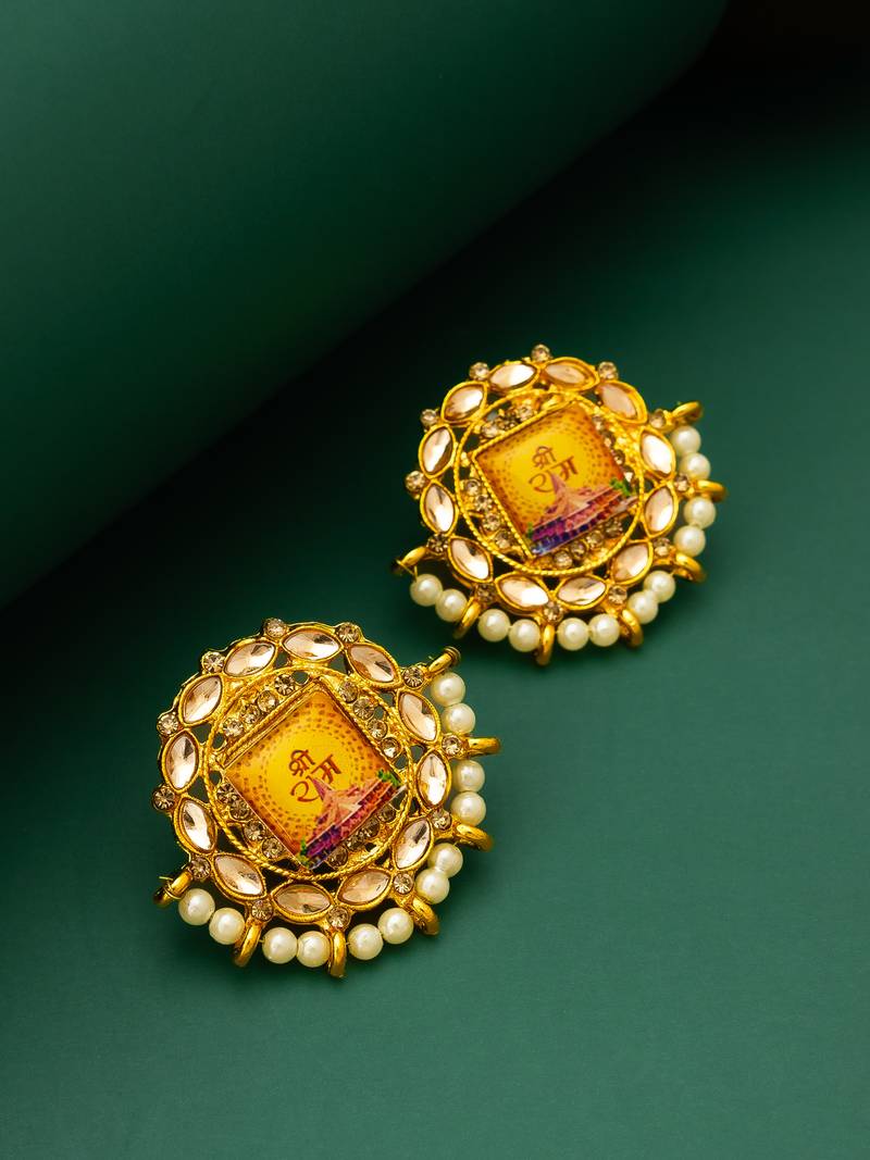 gold plated shree ram temple motif kundan stud earrings