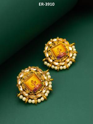 gold plated shree ram temple motif kundan stud earrings 1