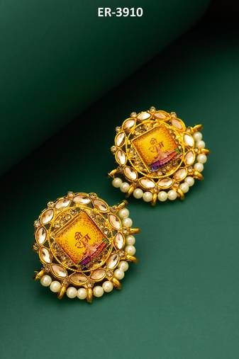 gold plated shree ram temple motif kundan stud earrings