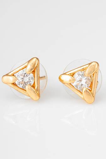 gold-plated triangular frame stud earrings with ad stone