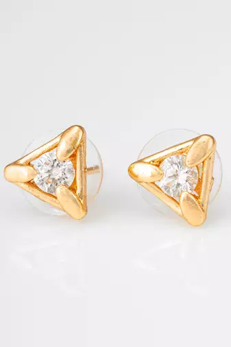 gold-plated triangular frame stud earrings with ad stone