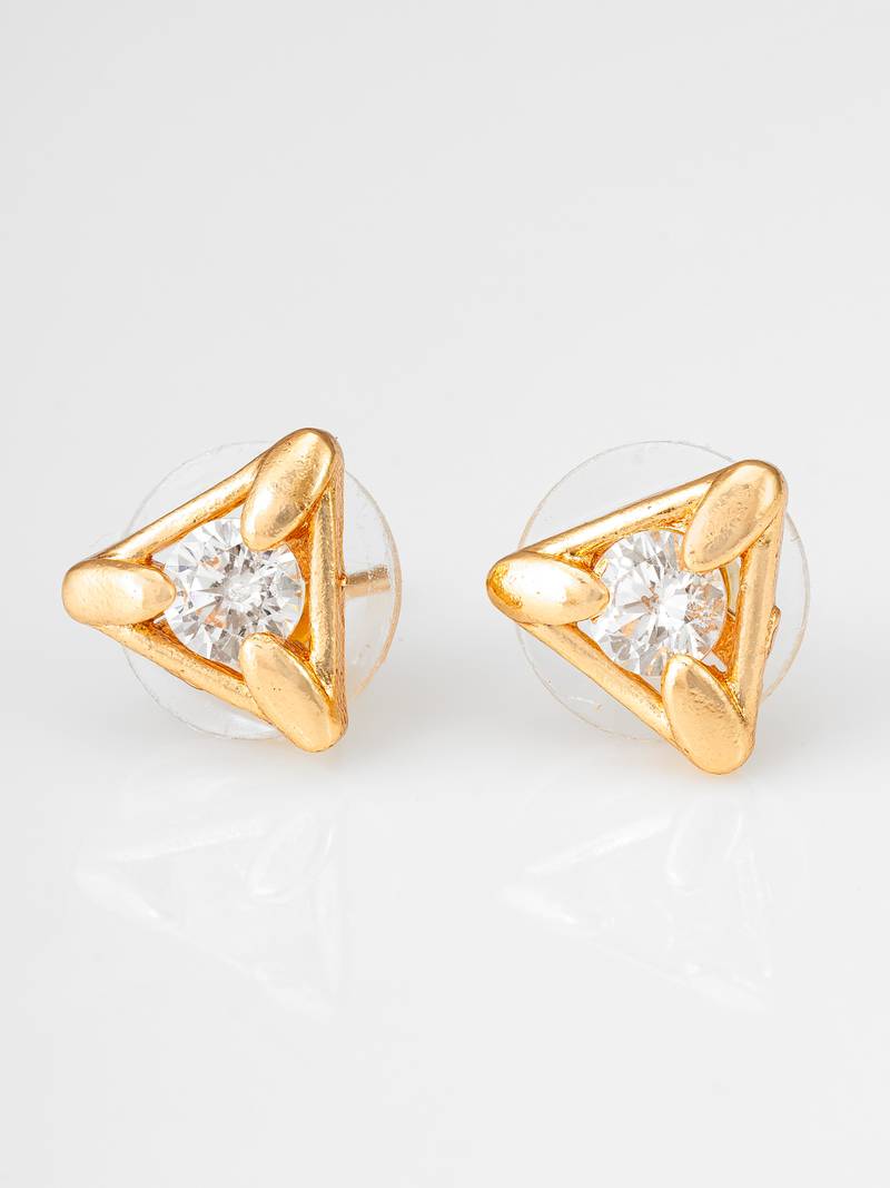 gold-plated triangular frame stud earrings with ad stone