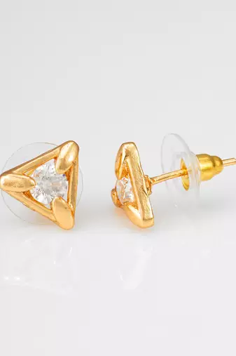 gold-plated triangular frame stud earrings with ad stone