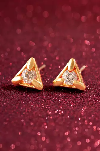 gold-plated triangular frame stud earrings with ad stone