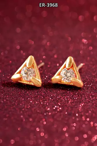 gold-plated triangular frame stud earrings with ad stone