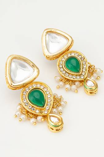 gold-plated kundan and green stone earrings with pearl and kundan drops