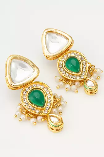 gold-plated kundan and green stone earrings with pearl and kundan drops