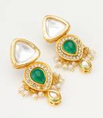 gold-plated kundan and green stone earrings with pearl and kundan drops