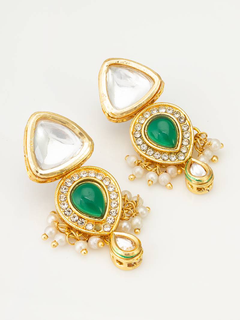 gold-plated kundan and green stone earrings with pearl and kundan drops