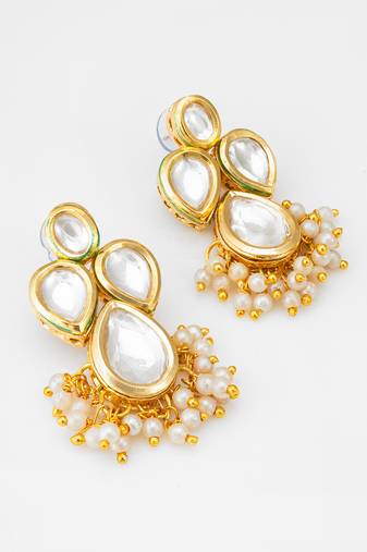gold-plated kundan earrings with pearl cluster drops