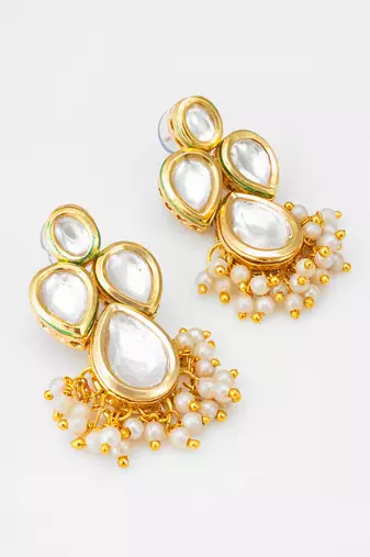 gold-plated kundan earrings with pearl cluster drops