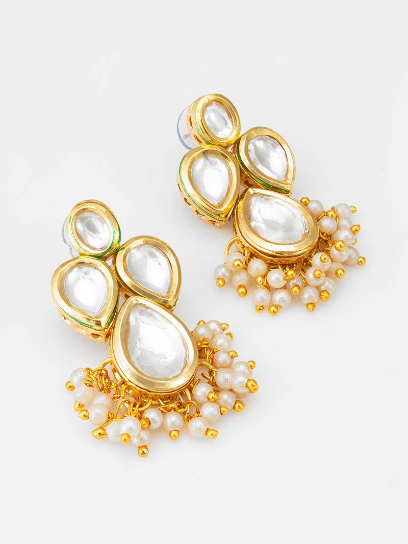 gold-plated kundan earrings with pearl cluster drops