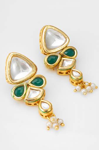 gold-toned kundan and green stone drop earrings with pearl