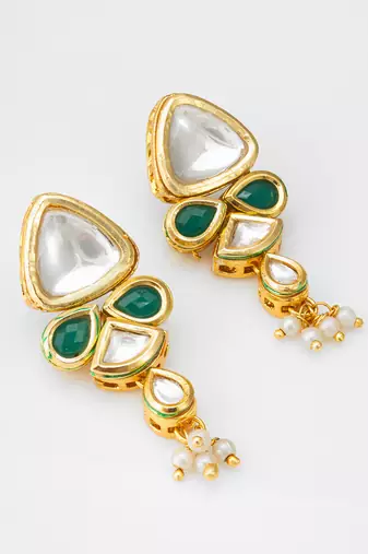 gold-toned kundan and green stone drop earrings with pearl