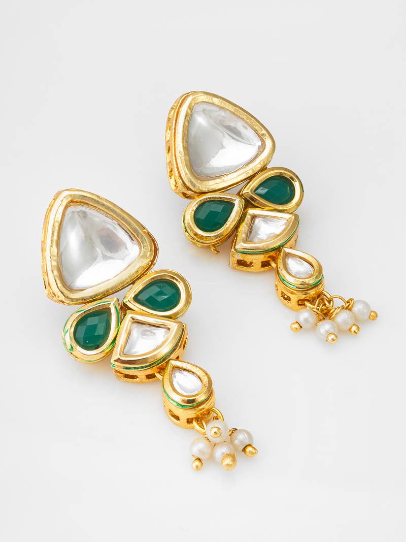 gold-toned kundan and green stone drop earrings with pearl
