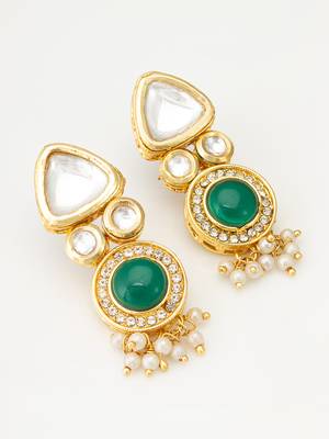 gold-toned kundan and green stone earrings with pearl drops 1